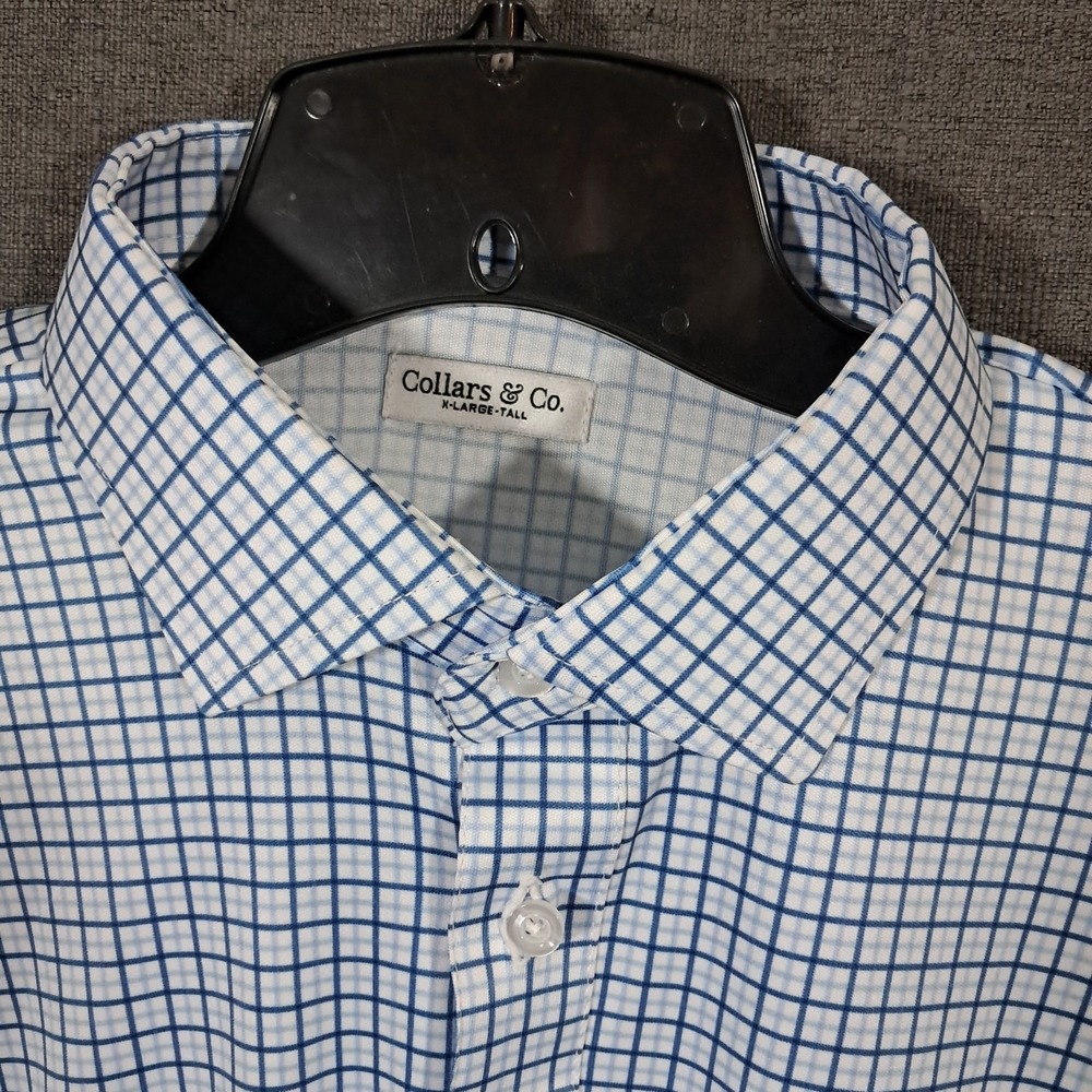 Collars & Co Men Polo Shirt Large Tall Blue Tattersall Semi Spread Collar Office - Picture 8 of 16